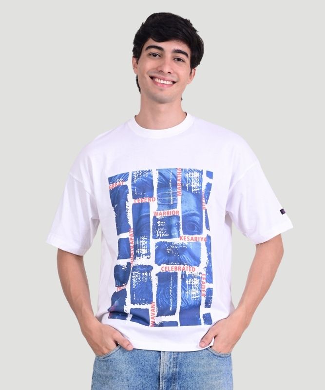 Men's White Shivaji Graphic Print Half Sleeves Oversized Fit T-Shirt